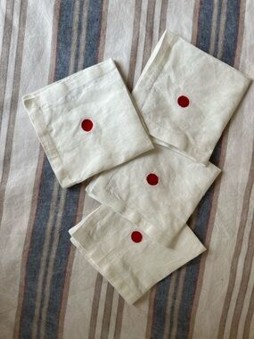 AREA Cream Linen Napkins with Red Dot Embroidery